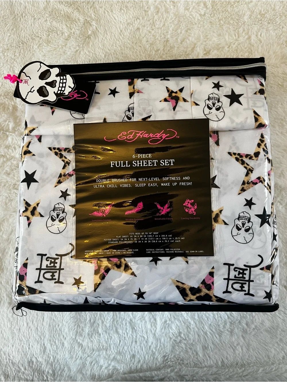 Ed Hardy Full Sheet Set in White with Leopard Star & Skull Print